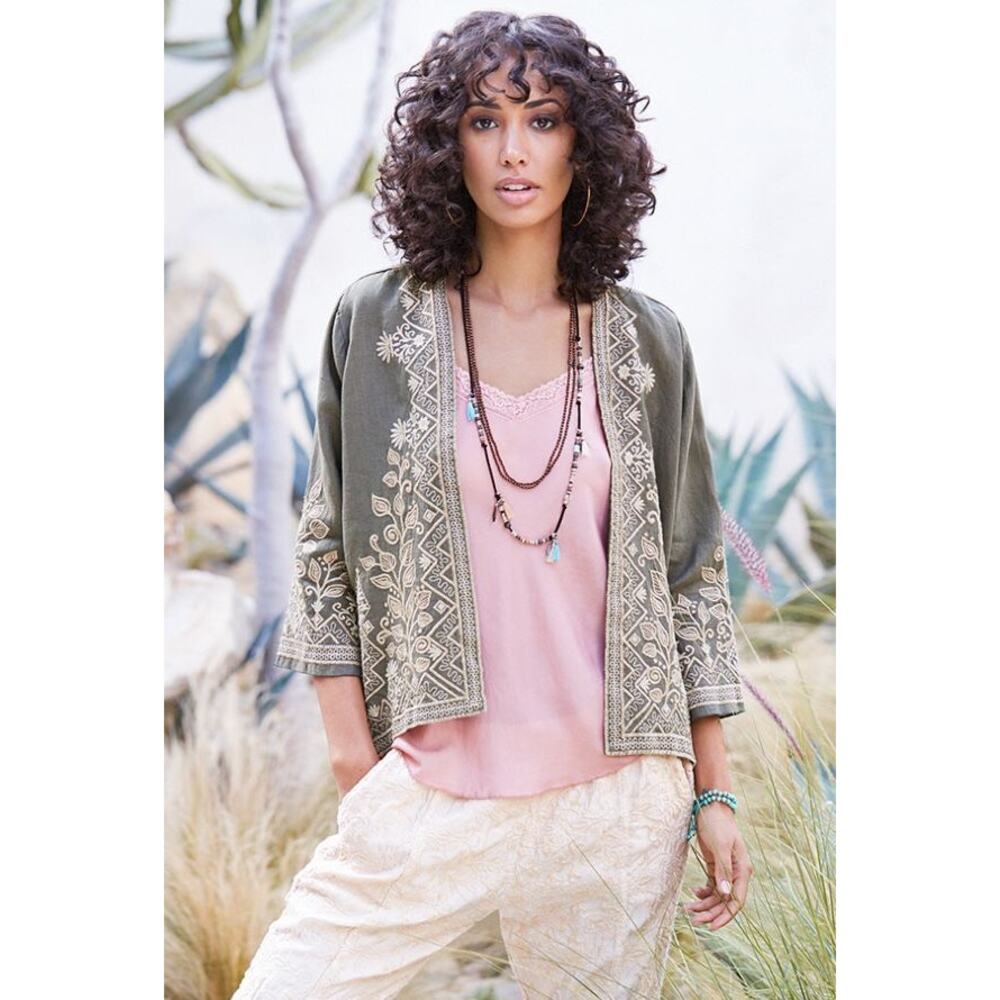 Johnny Was Tasya Bolero Jacket – Size Small – Gray Linen with Embroidery